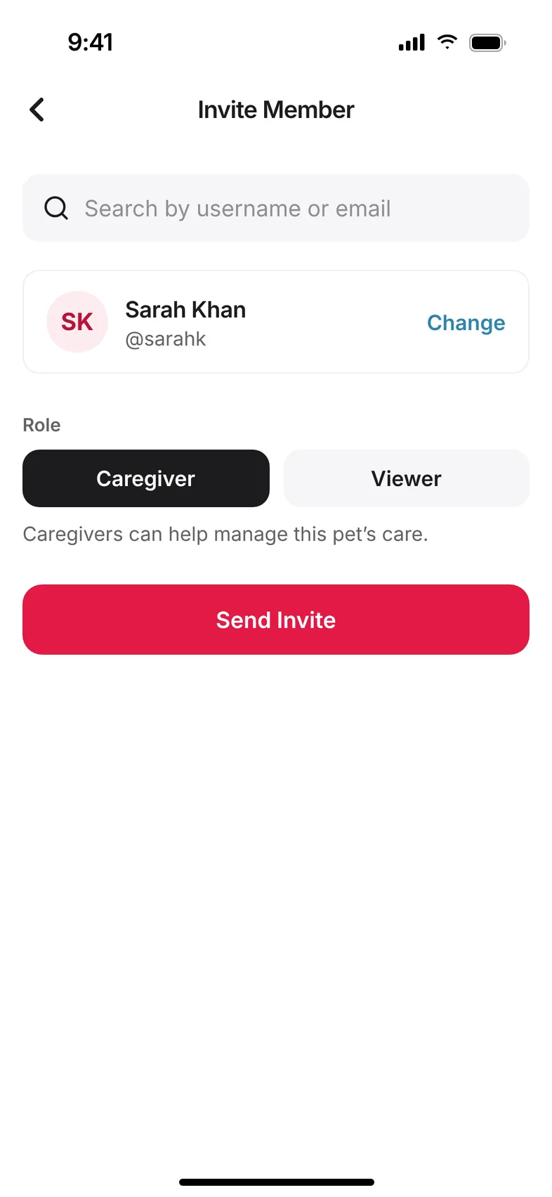 Inviting Sarah to a pet’s care team as a Caregiver