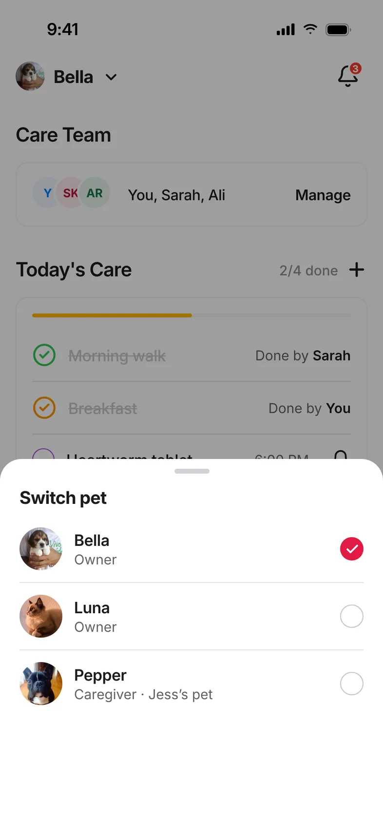 Switch pet sheet on Home: Bella and Luna you own, and Pepper you help care for