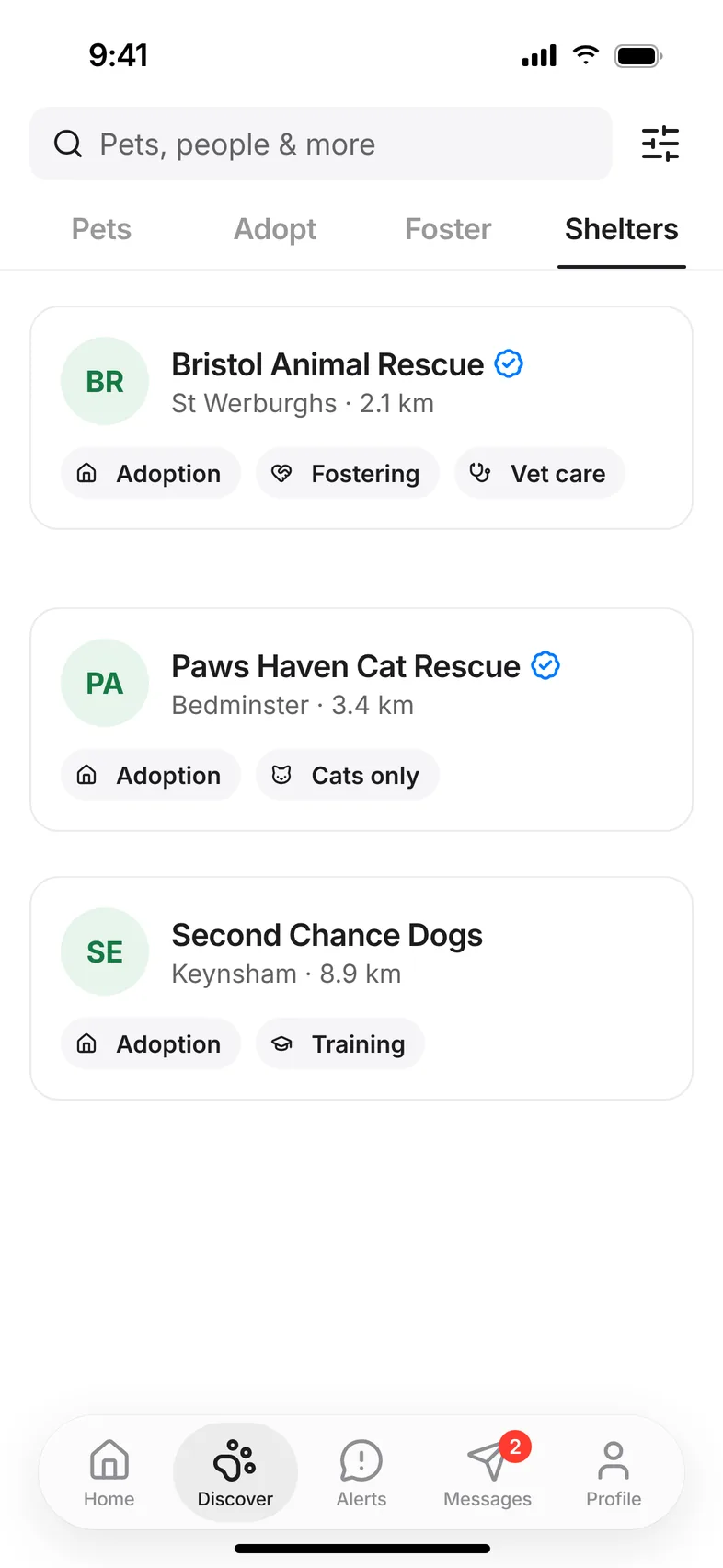 Shelters tab in Discover listing shelters and rescues nearby